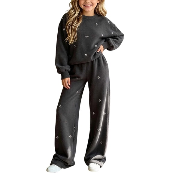Cethrio Girls Outfit Sets Size 7-8 T, Casual Knitted Long Sleeve 2 Piece Girls' Clothing Sets Dark Gray