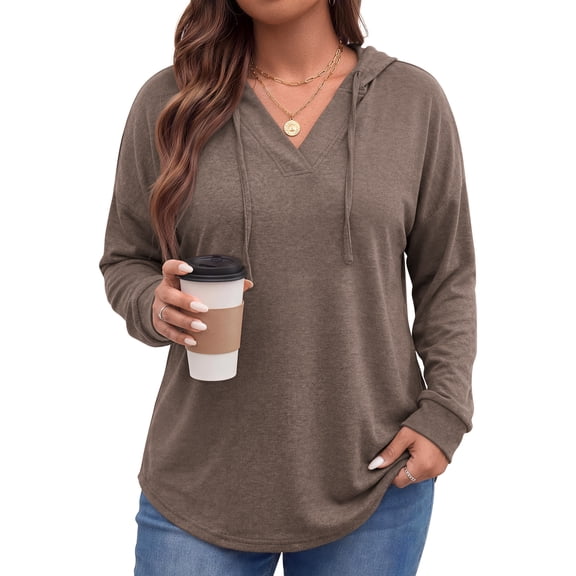 WellSize Plus Size Hoodies for Women V Neck Pullover Sweatshirts Drawstring Long Sleeve Tops Loose Fit Fall Outfits