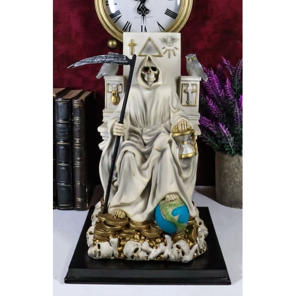 Ebros White Robe Santa Muerte Holy Seated On Throne with Scythe Statue 10.5"H