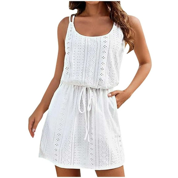 Diufon Mini Dresses for Women Crewneck Sleeveless Dress Elastic Waist Drawstring Dress with Pockets