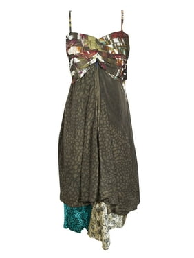 Mogul Women Black Beige Vintage Recycled Sari Printed Sundress Layered Spaghetti Strap Beach Summer Dresses S/M