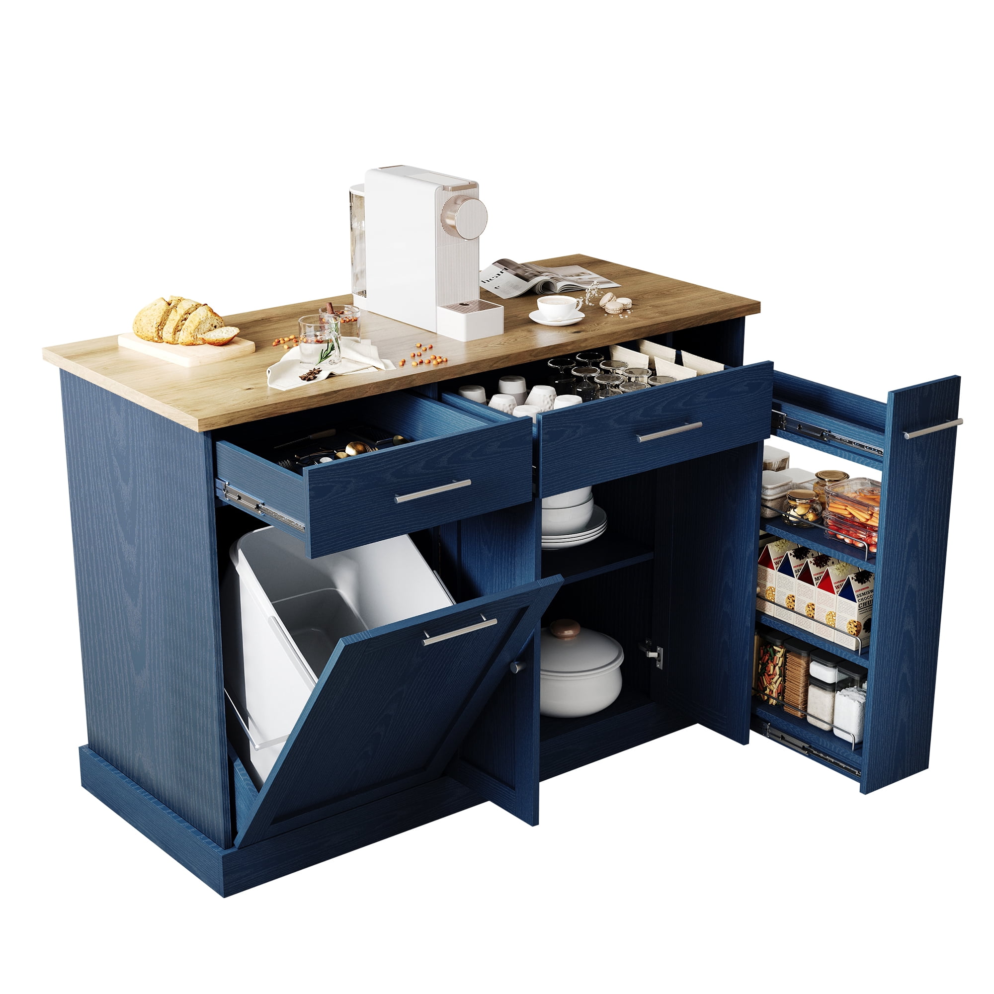 4 EVER WINNER 53" Rolling Kitchen Island on Wheels, Mobile Kitchen Cart with Trash Can Storage, 3-Tier Spice Rack & Adjustable Shelves, Kitchen Island Table for Storage & Organization, Blue