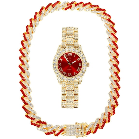 Charles Raymond Ice on Blast! Blinged Out Hip Hop Rolly Looks with Iced Out Wristwatch Trim and Band with Matching Zig Zag Bling'ed Out Necklace Sets - ZZ Necklace Sets - Gold - Red