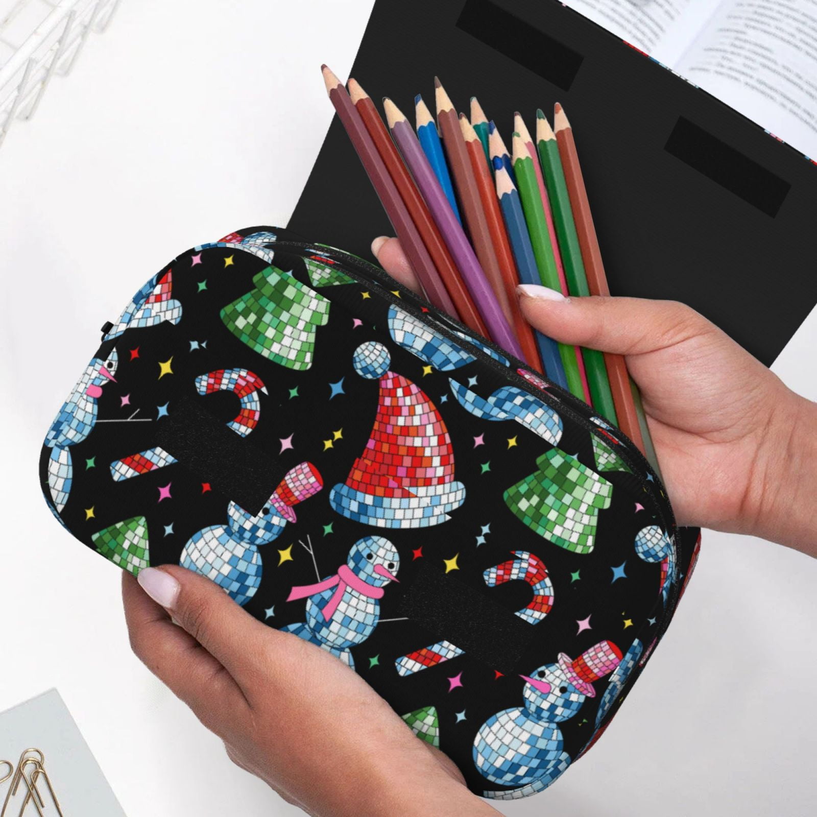 Rateoe Disco Mirror Ball Snowman Pattern Double Clamshell Pen Case, Storage Organizer with Two Zipper Compartments– Holds Up to 50 Pencils & Pens