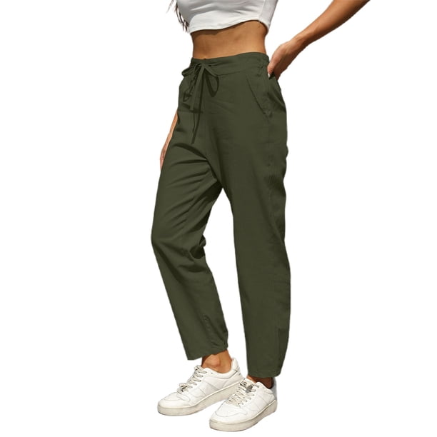 Pantalones informales de lino lisos para mujer con cintura elástica y cordón