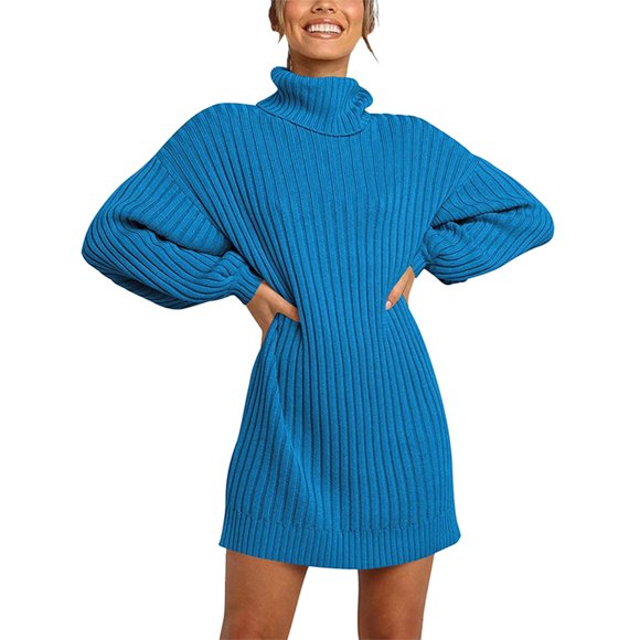 PEASKJP Women Oversized Sweater Dress Turtleneck Batwing Long Sleeve Ribbed Knit Loose 2024 Fall Winter Casual Short Dress(Blue,S)