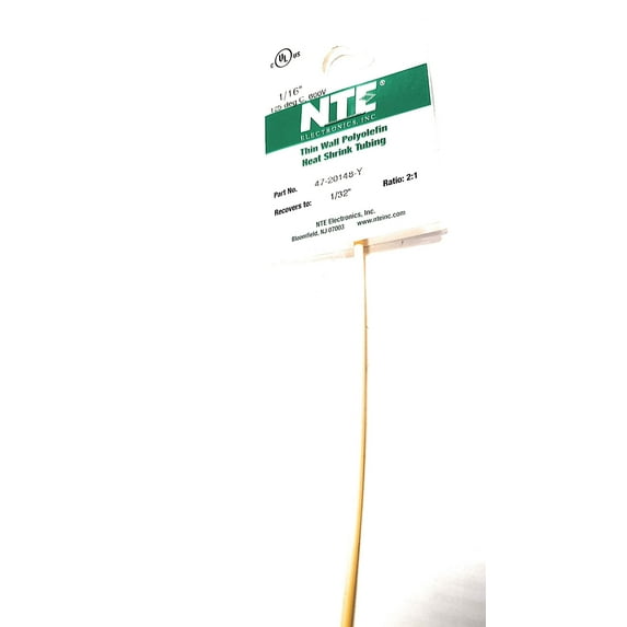 NTE Electronics 47-20148-Y Heat Shrink Tubing, Thin Wall, 2:1 Shrink Ratio, 1/16" Diameter, 48" Length, Yellow - 47-20148-Y