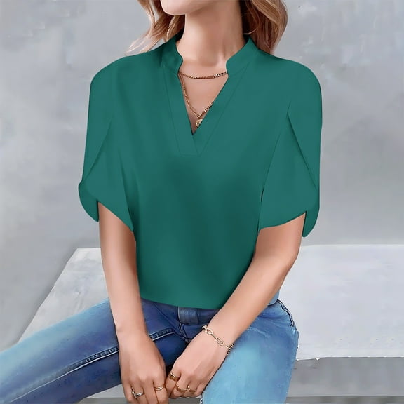 Shirts for Women Short Sleeve V-Neck Casual Loose Solid Color Blouse Green XL