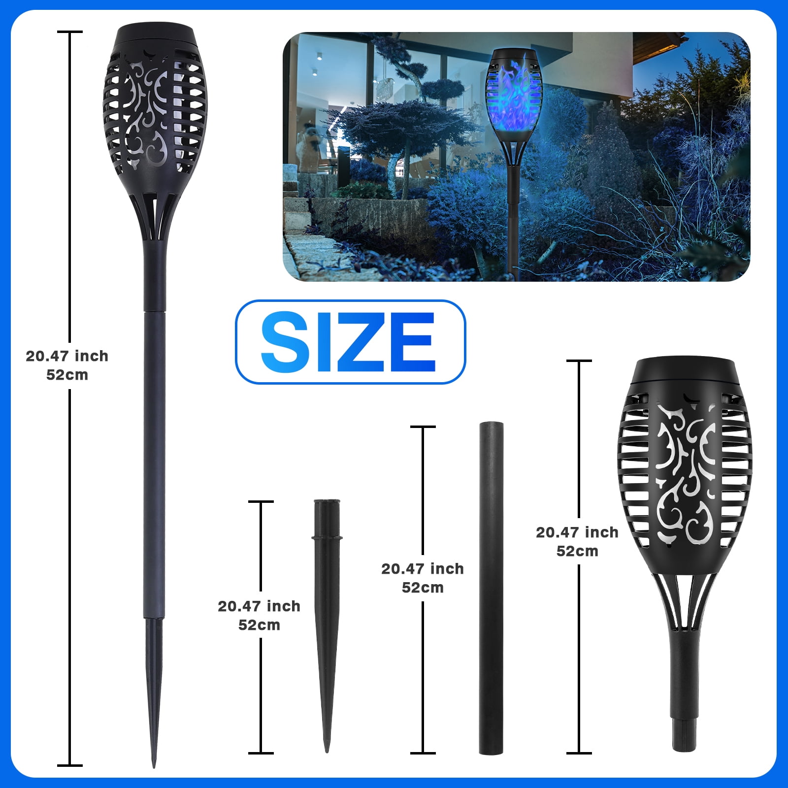 Solar Powered Outdoor Lights, 12PK Flickering Flame Solar Lights Outdoor Pathway, Solar Tiki Torches with Flickering Flame, Solar Garden Light Waterproof for Yard Decor, Landscape, Patio, Blue LED