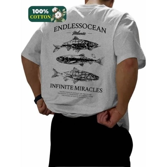 Whichone Men's 100% Cotton T-shirt Fish of the ocean Print Stylish Daiyly Wear Sizes S-2XL