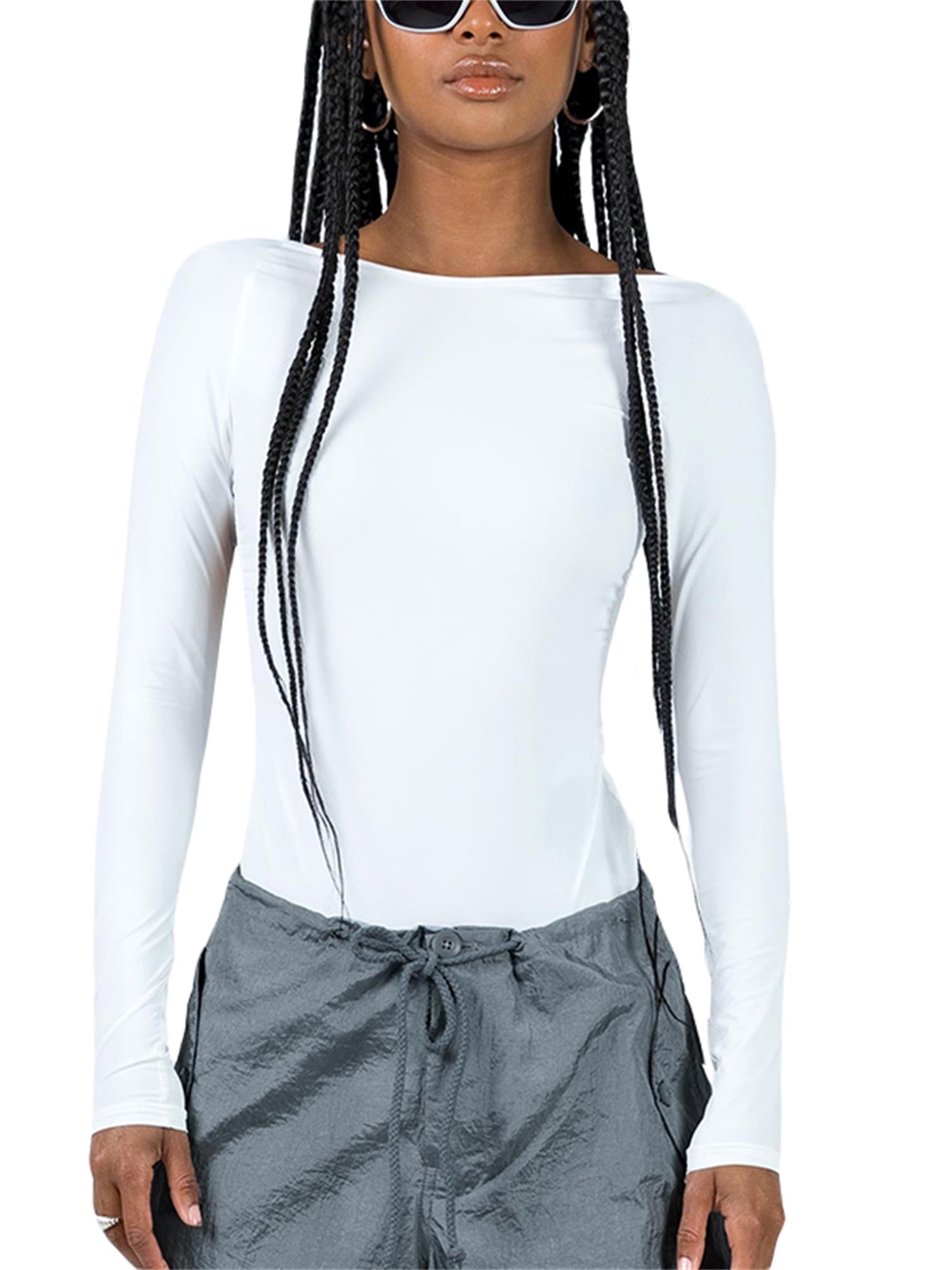 aturustex Women Basic Long Sleeve Bodysuit Sexy U-neck Bodycon Solid Tummy  Control Thong Leotard Jumpsuits Shapewear - Walmart.com