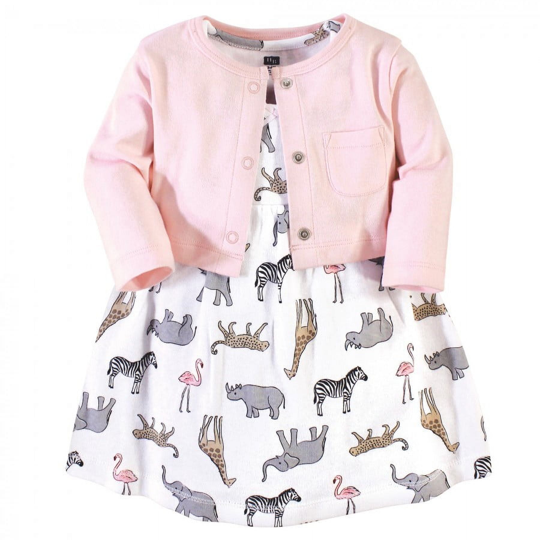 Hudson Baby Infant and Toddler Girl Cotton Dress and Cardigan 2pc Set, Modern Pink Safari, 0-3 Months