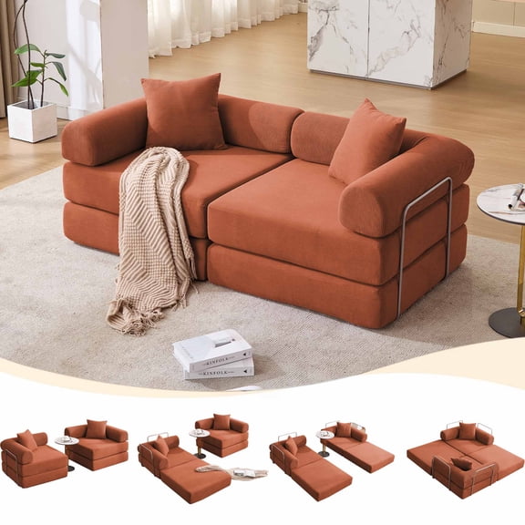 Firscook 73" Modular Convertible Sofa Bed, 4-Piece Folding Couch with Removable Armrests, Corduroy Sleeper Sofa for Small Spaces, No Assembly,Orange