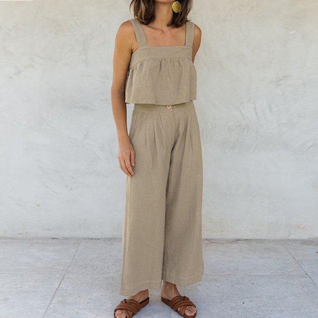 Algodón Sling Top Pantalones Sin mangas Señoras Loose Fit Estilo vintage Traje de vacaciones FLhrweasw Nuevo