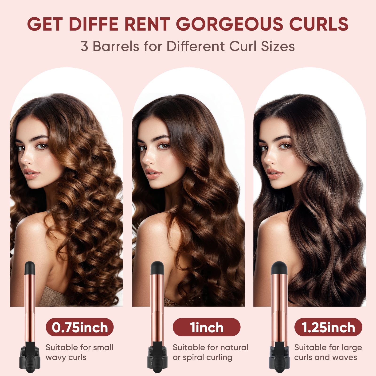 ABNER Rotating Curling Iron Set for Long Hair, Automatic Hair Curler with 3 Sizes Ceramic Barrel 0.75" 1" 1.25" to 430°F with Home Button, Dual Voltage
