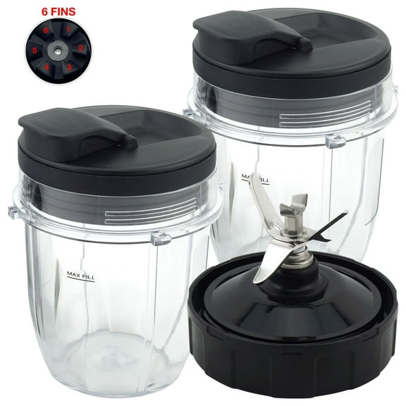 2 Pack 12 oz Cup with Spout Lid and Extractor Blade (6-Fins) Replacement Part Compatible with Nutri Ninja Auto-iQ