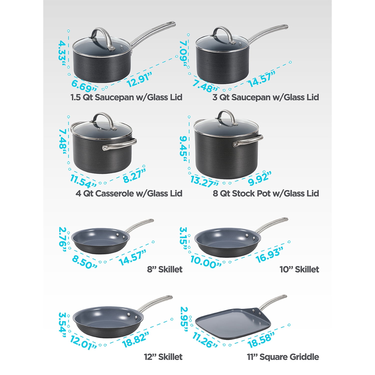 BLACK+DECKER 12-Piece Ceramic and Aluminum Cookware Set, Gray