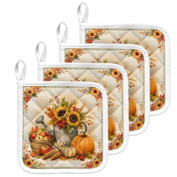 Fall Thanksgiving Pot Holders for Kitchen Heatproof Potholder, 4 Pack Orange Punpkin Sunflower Leaves Harvest Hot Pads Multipurpose Oven Pads Terry Cloth Potholders Trivet for Cooking and Baking