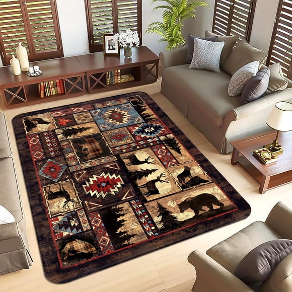5x7 Bear Area Rug for Living Room, Rustic Cabin Rug Mat Farmhouse Rugs for Bedroom Retro Lodge Runner Carpet Moose Deer Non Slip Floor Mat Wildlife S
