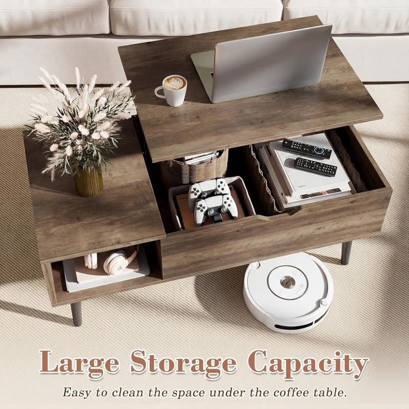 Kelno Lift Top Coffee Table with Hidden Storage Adjustable Height Wood Center Table with Shelf,Wood Gray