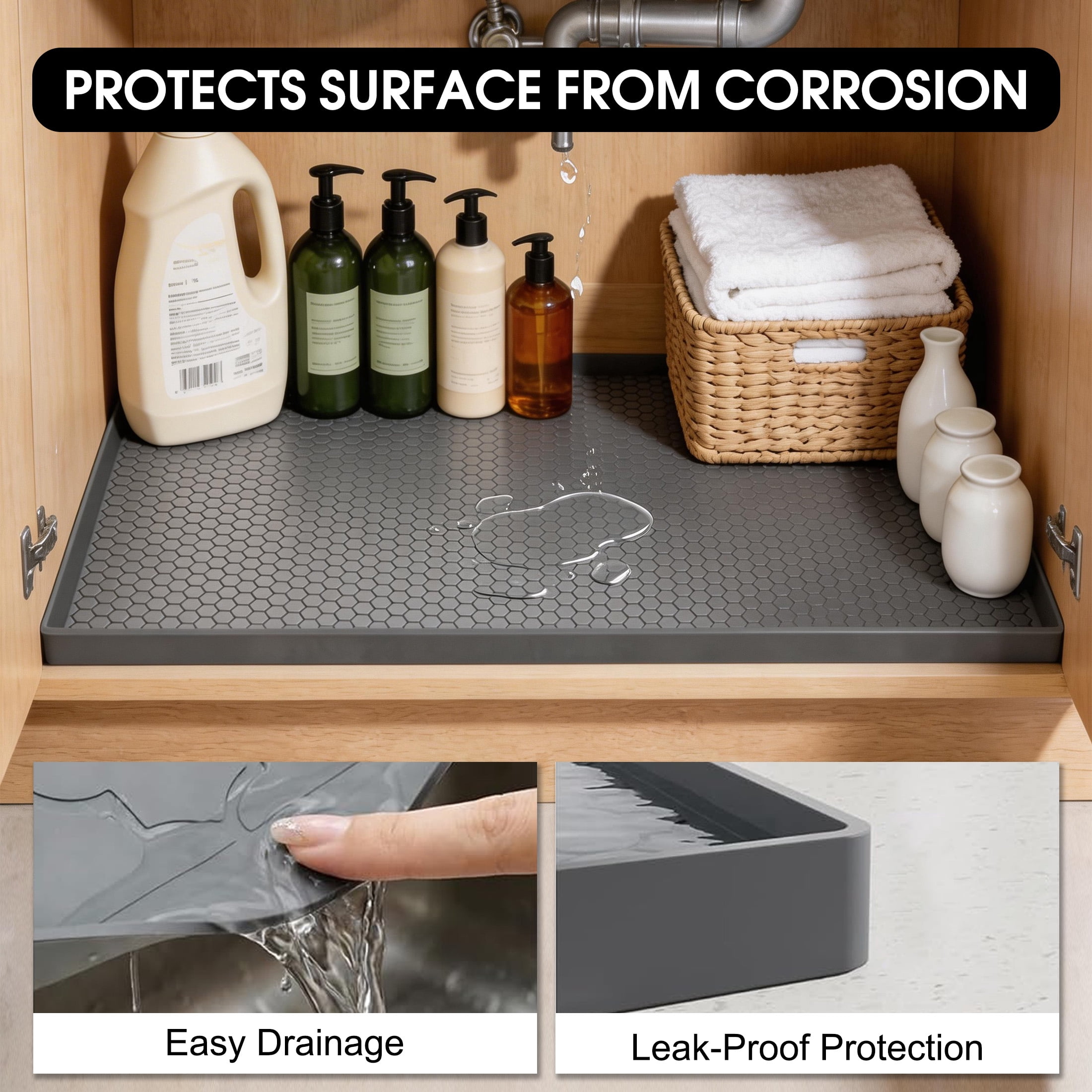 GARITIN Under Sink Mat 34" x 22", Waterproof Silicone Kitchen Cabinet Liner, Non-Slip Protector for Bathroom & Laundry, Gray
