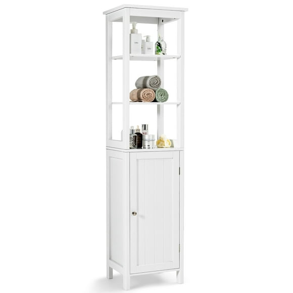 Costway Bathroom Floor Storage Cabinet Freestanding Linen Tower W/ 3-Tier Shelf & Door