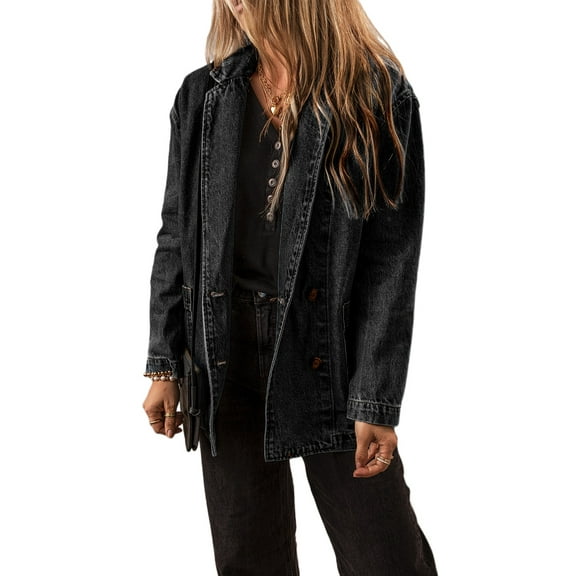 Women's Classic Black Denim Jacket with Lapel Collar and Side Pockets