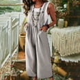 thumbnail image 2 of Women Summer Sleeveless Cotton Linen Bib Overalls Baggy Wide Leg Jumpsuits Solid Lounge Beach Rompers with Pockets, 2 of 7