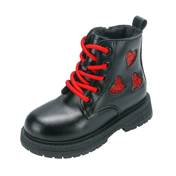 Girls Winter Ankle Boots Fuzzy Lined Lace up Waterproof Leather Glitter Rhinestone Fashion Dress Winter Booties Black 12.5 Little Kids