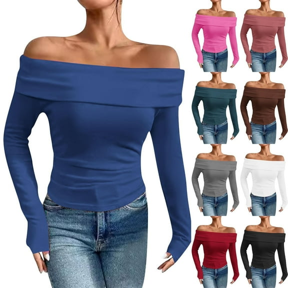 Perfectbot Womens Off Shoulder Tops Long Sleeves Sexy Slim Fit Shirts Casual Soft Gathered Blouse