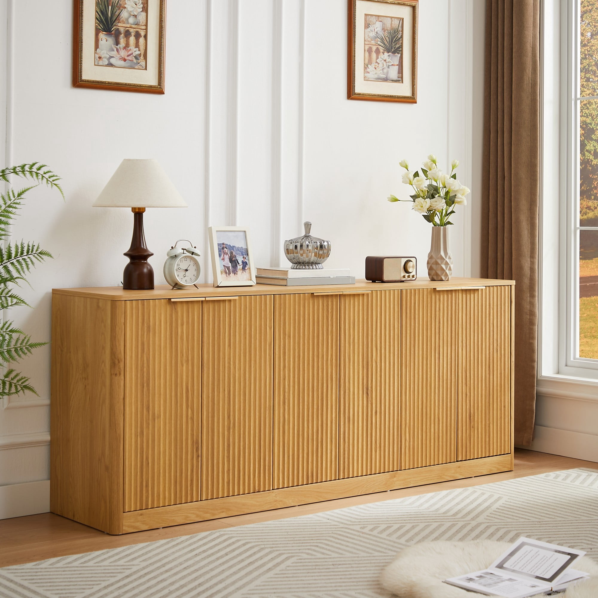 67" Modern Wavy Sideboard Cabinet, 6-Door Curved Storage Cabinet, Large TV Stand Buffet Console for Living Room Kitchen, Natural