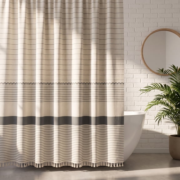 Striped Printed Slub Fabric Shower Curtain with Tassels, Waterproof Heavy Duty Bathroom Curtain, Decorative Partition Curtain with Hooks