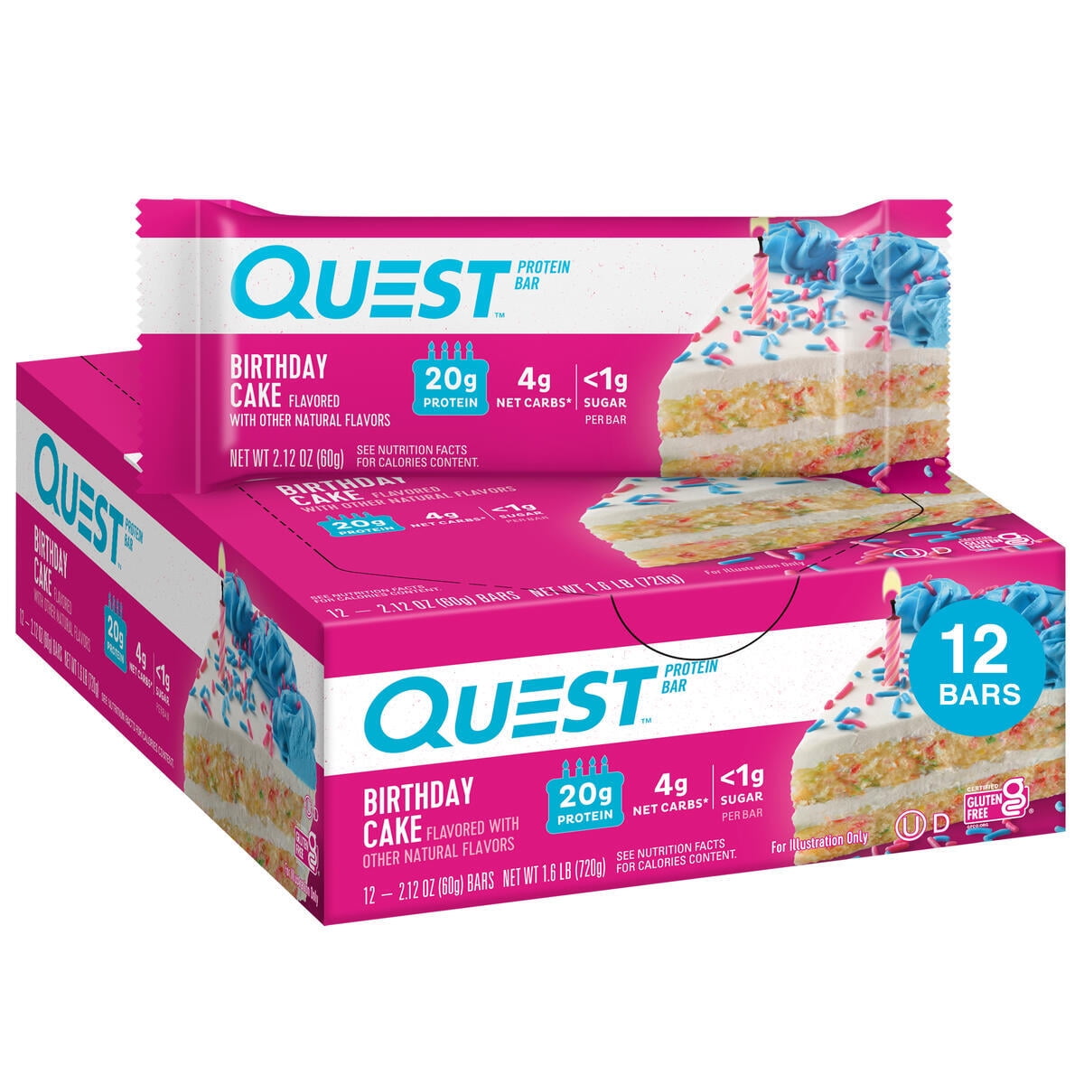 Quest Protein Bar, Birthday Cake Flavor, 21g Protein, Gluten-Free, 12 Count