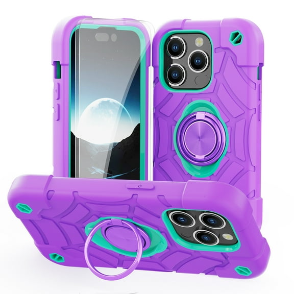 Dteck for iPhone 15 Pro Case with Screen Protector (2 Packs), Military Grade Drop Protection Shockproof Protective Phone Case with Rotating Ring Stand for iPhone 15 Pro,Purple Mint