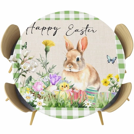 Happy Easter Bunny Round Tablecloth Fitted Table Cover with Elastic for 55 -60 Round Tables Spring Floral Burlap Sage Green Plaid Table Cloth Outdoor Indoor Dinning Party Waterproof Tablecloths