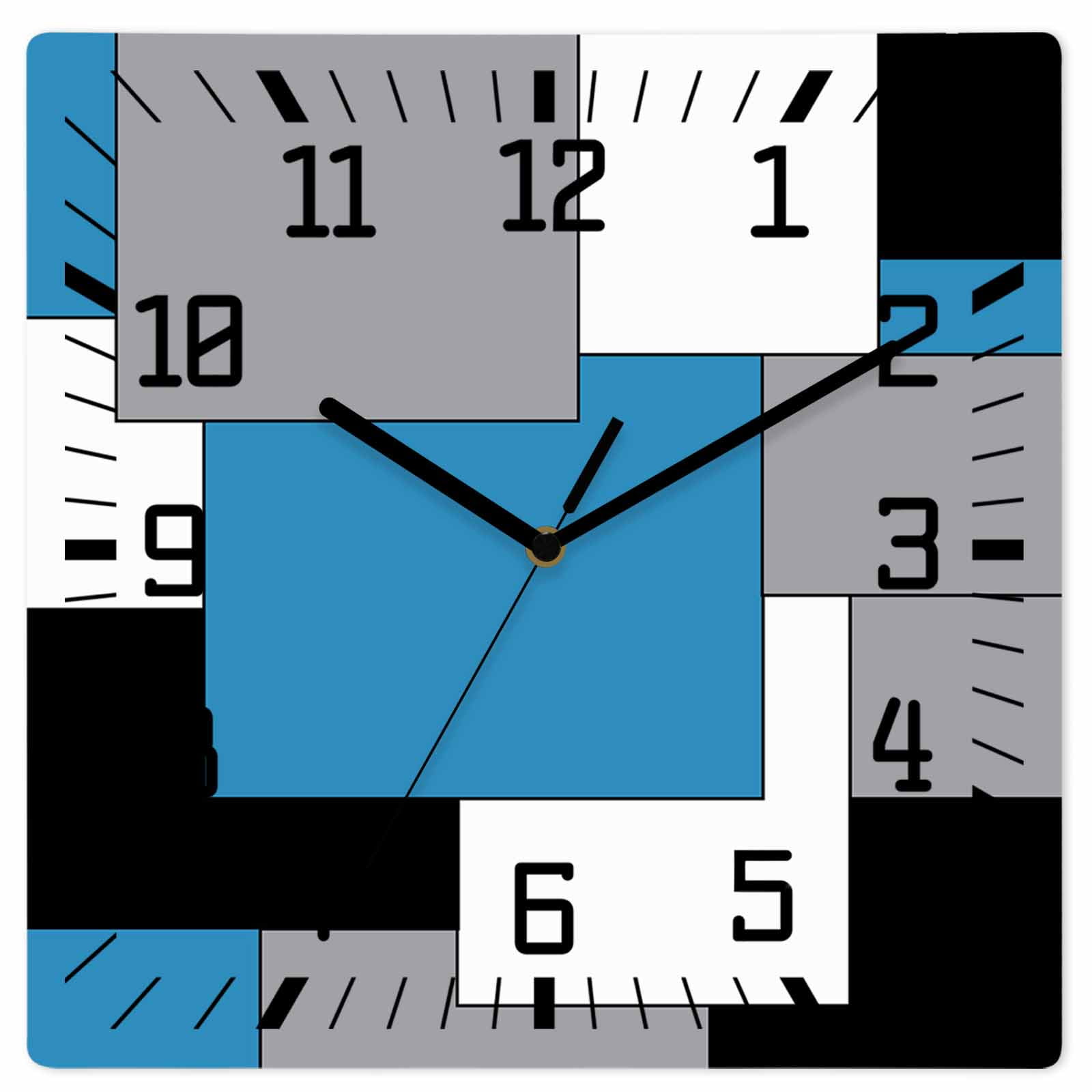 Blue Grey Black Geometric Wooden Wall Clock Silent Non Ticking, Middle Century Modern Art Abstract Square Wall Clocks Battery Operated, Decor Clock for Home Office, Living Room, Kitchen, 10 Inch