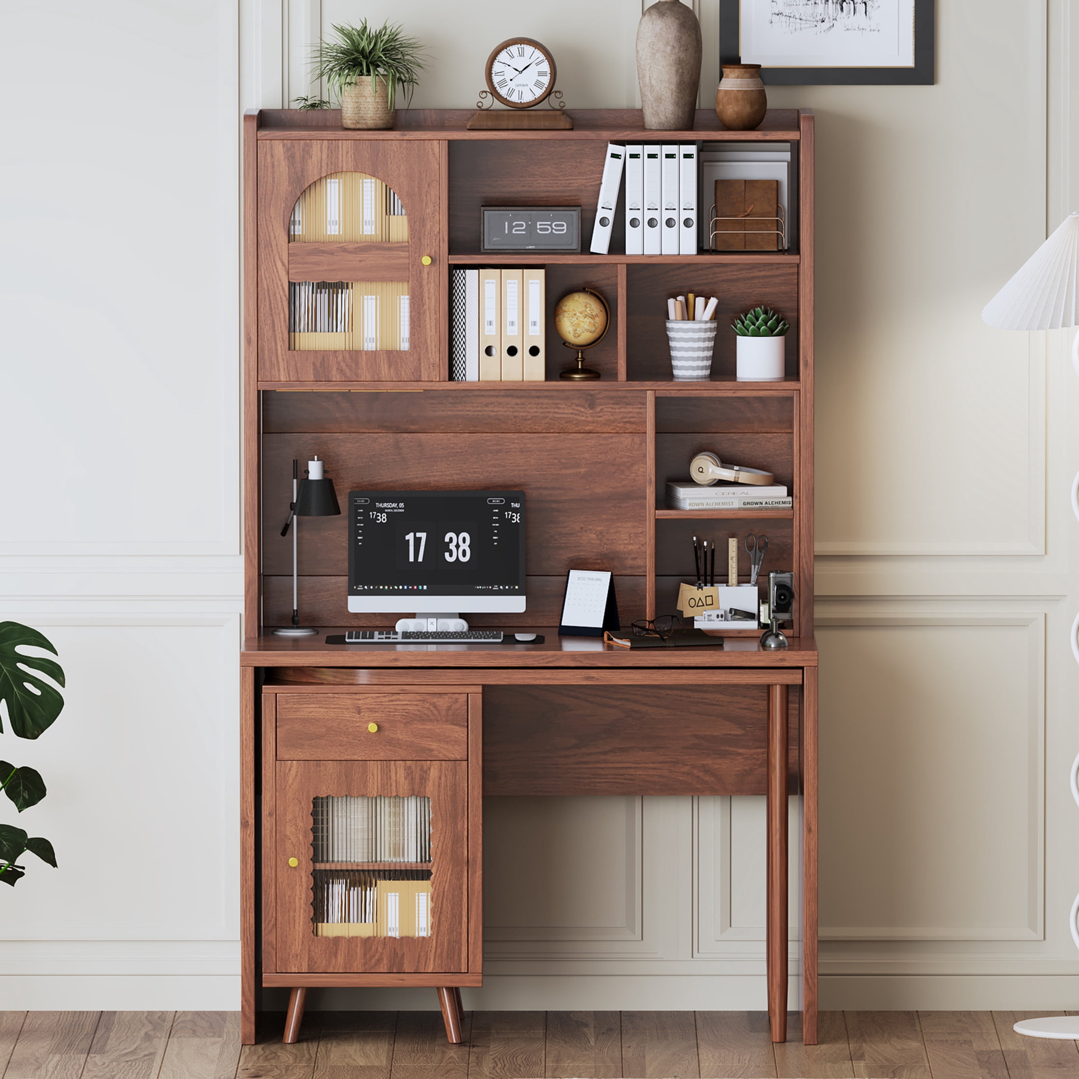 Noble House Rotating Computer Desk with Storage Cabinets, Shelves and Drawer, Walnut