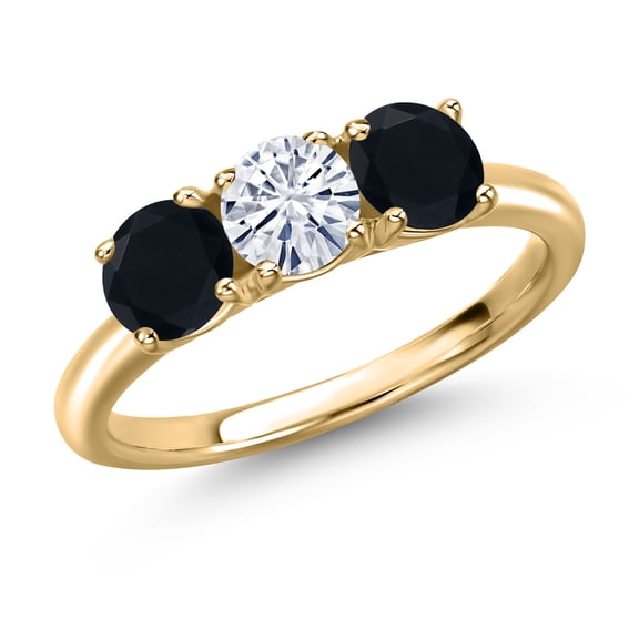 Gem Stone King 10K Yellow Gold White Moissanite and Black Onyx Engagement Ring for Women | 1.45 Cttw | Round 5MM | Gemstone Birthstone | Size 8