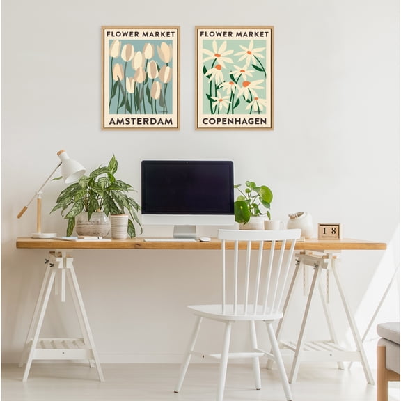 Kate and Laurel Sylvie Flower Market 3 and 4 Framed Canvas Wall Art Set by Carrie Cantwell, 2 Piece Set 18x24 Natural, Botanical Two-Piece Framed Art Set for Wall