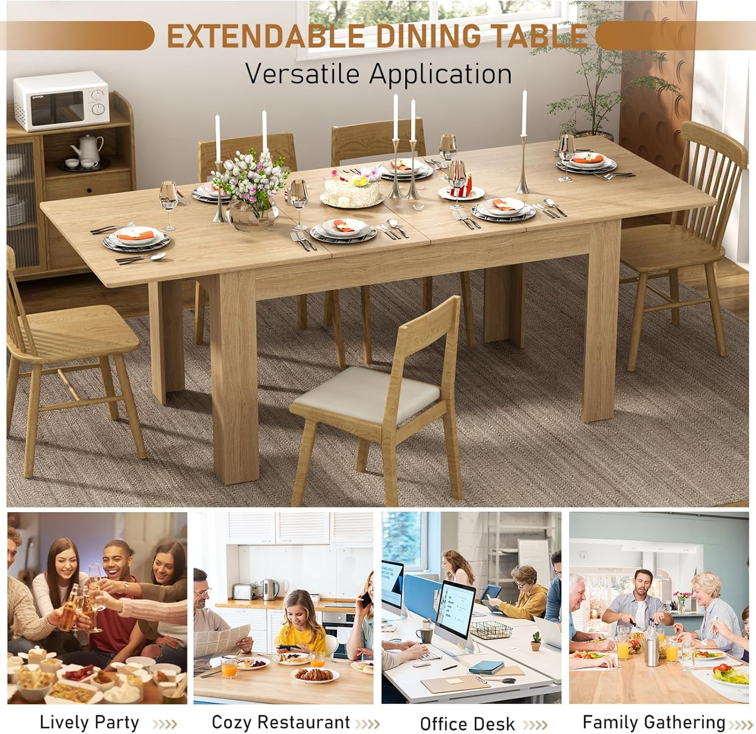 ChVans Large Mobile Extendable Dining Table for 6-10, Modern Wood Kitchen Table Rectangular Table for Dining Room, Living Room