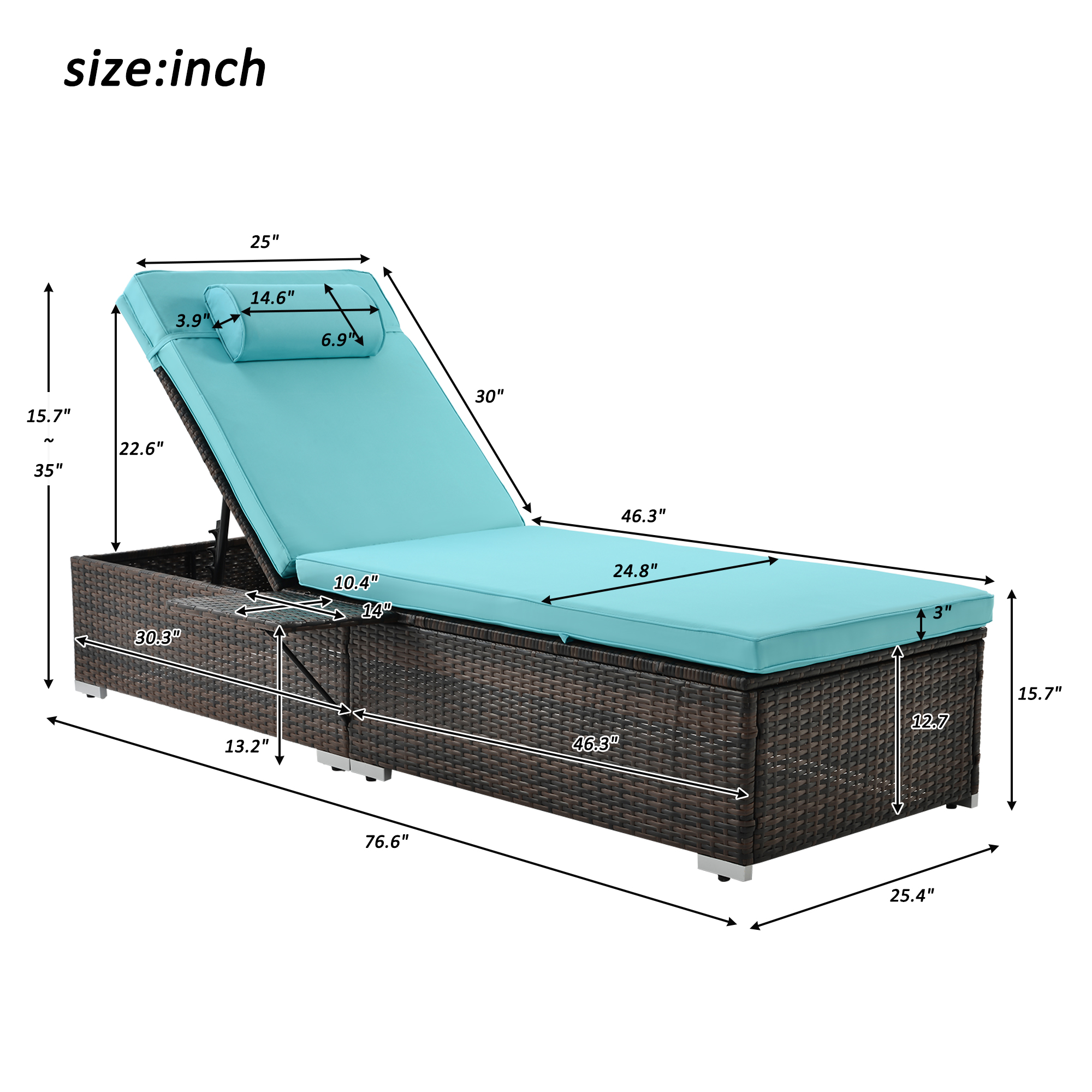 2 Pieces Patio Chaise Lounge Chair Set, PE Rattan Chaise Lounge with Side Table, Sun Chaise Lounge Furniture, Pool Furniture Sunbed with Cushion, Tanning Lounge Chair with 5 Adjustable Positions, B381 - image 4 of 8