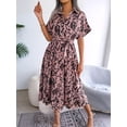 thumbnail image 4 of Women'S Summer Short Sleeve Work Dresses Tie Waist Button Down Print Midi A-Line Shirt Dress Pink M, 4 of 10