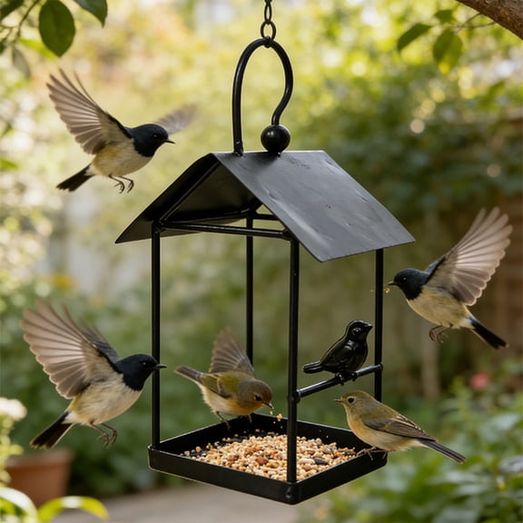 Metal Hanging Bird Feeder Tray, Rustproof Iron Mesh Platform Feeder with Roof, Outdoor Garden Decor to Attract Wild Birds, Squirrel Proof Seed Catcher