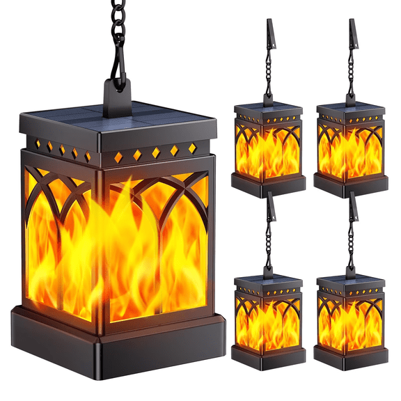 MEHOOM Solar Lanterns Outdoor Waterproof, 4-Pack Flickering Flame Hanging Solar Lights for Patio Yard Garden Decor