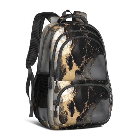 Black and Gold Marble Pattern Backpack for School, Cute School Bag with Adjustable Shoulder Straps and Padded Back, 16.9"x12.6"x5.9"