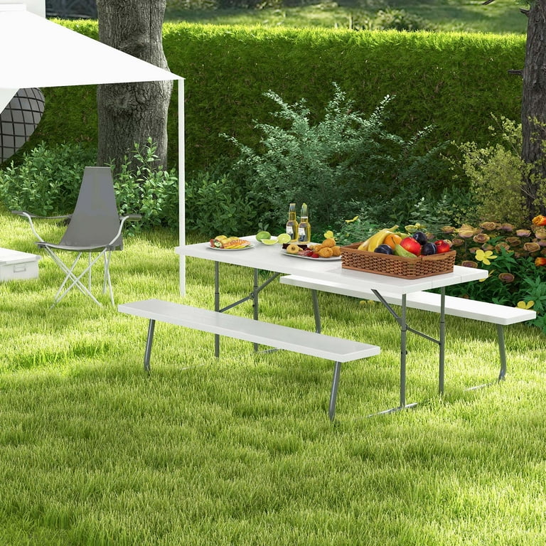 Costway Folding Picnic Table with 2 Benches All Weather Wood