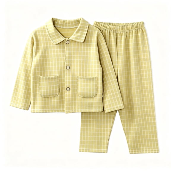 XUNKUSGA Unisex Boys Girls Pj Set Soft Cotton Plaid Long Sleeve Button Down Shirts and Long Pants Sleepwear Set Comfy Casual Nightwear Outfit Sets #1Yellow 1-2Years