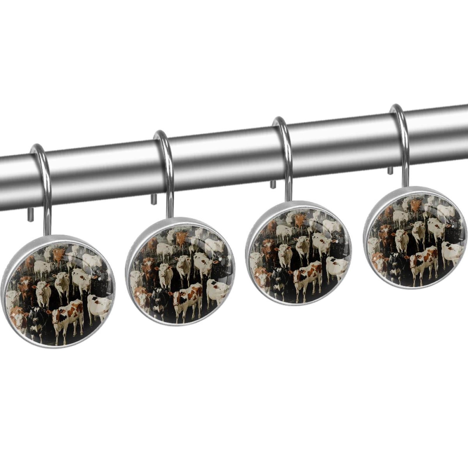 Cows and Cattles Farm Animal Shower Curtain Hooks Round Crystal Glass, Set of 12 Shower Curtain Rings - Shower Hooks for Curtain Shower Rings