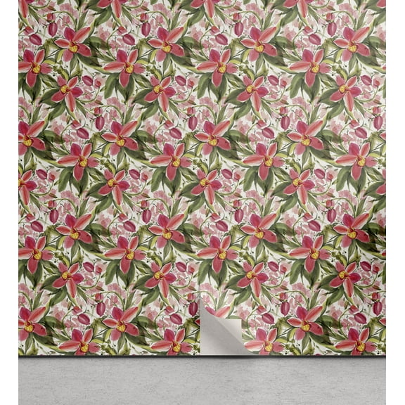 Ambesonne Floral Peel & Stick Wallpaper for Home, Vintage Orchids Watercolor, 13"x36", Dark Coral and Sage Green