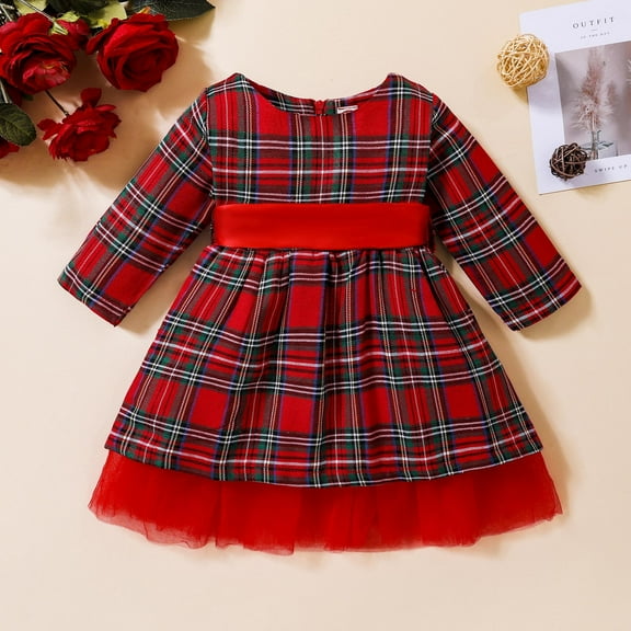 Wancir Toddler Baby Girl Christmas Dress Santa Claus Red Velvet Dress Long Sleeve Furry Round Neck Plaid Gauze Dress